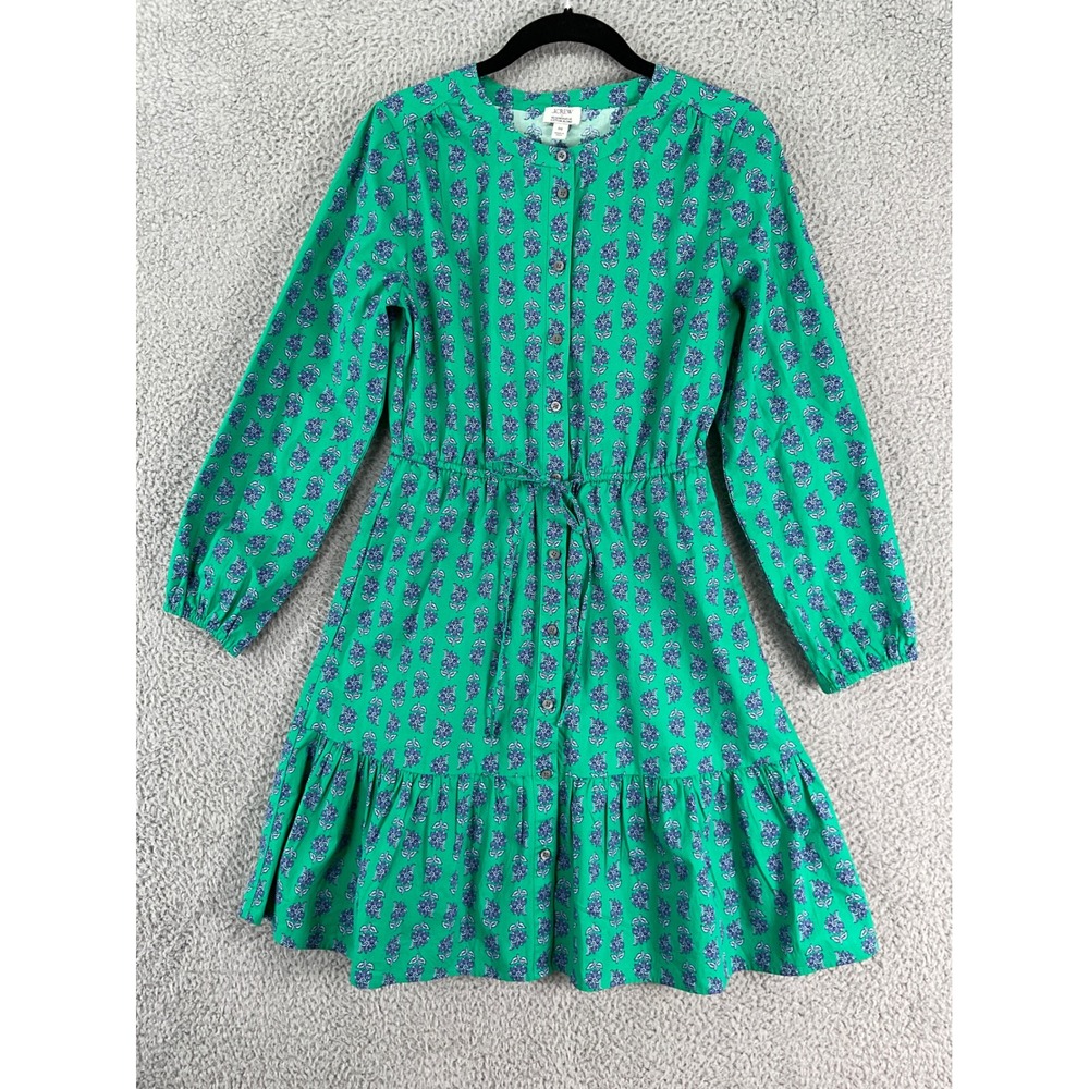 J.Crew Mini Dress Womens 00 Green Floral Block Print Button Front Long Sleeve